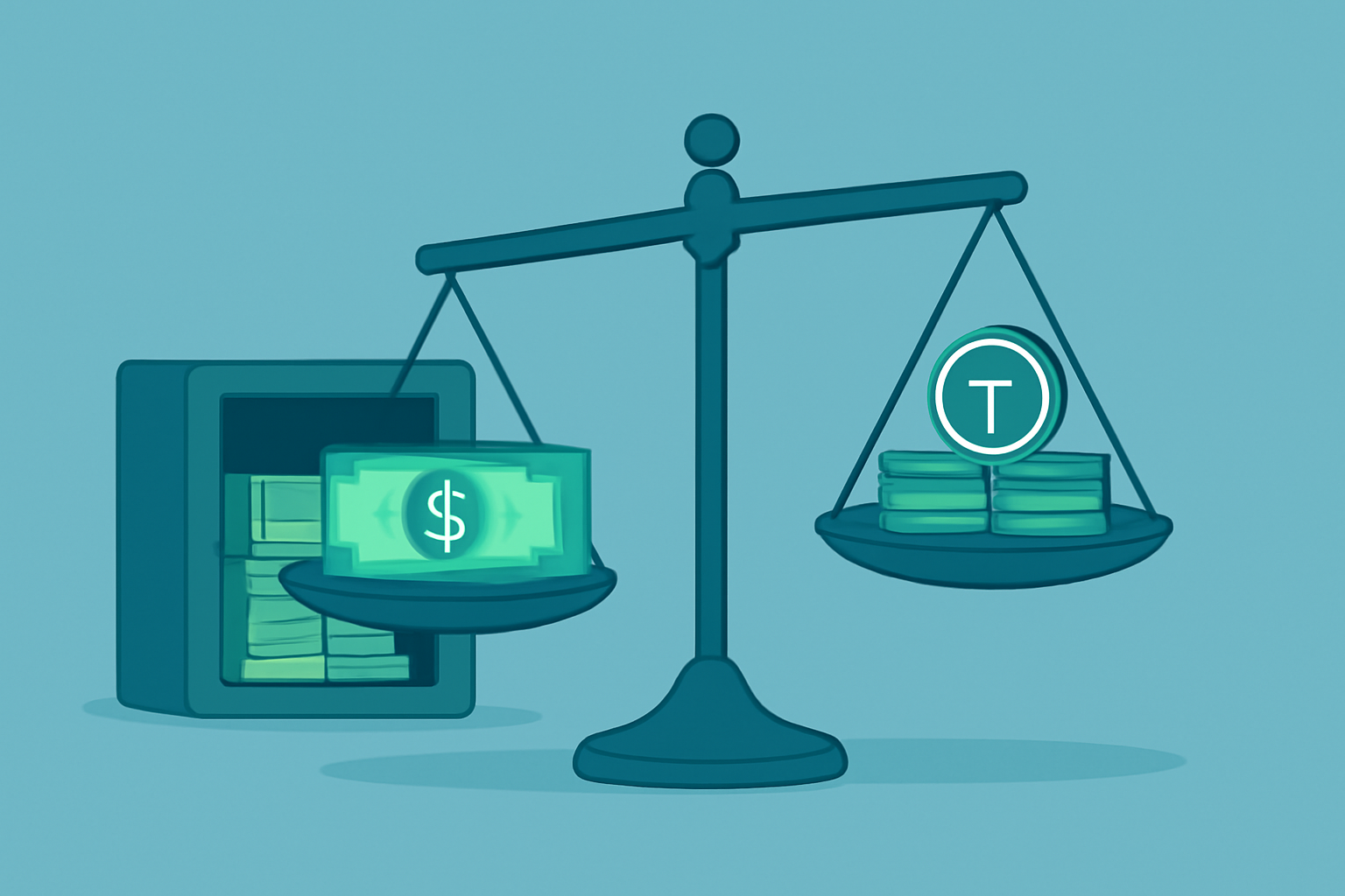 A balanced scale with dollar bills and stablecoin tokens at equal height, symbolizing stablecoin redemption at par.
